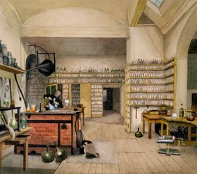 Michael Faraday (1791-1867) in zijn Kelderlaboratorium, 1852